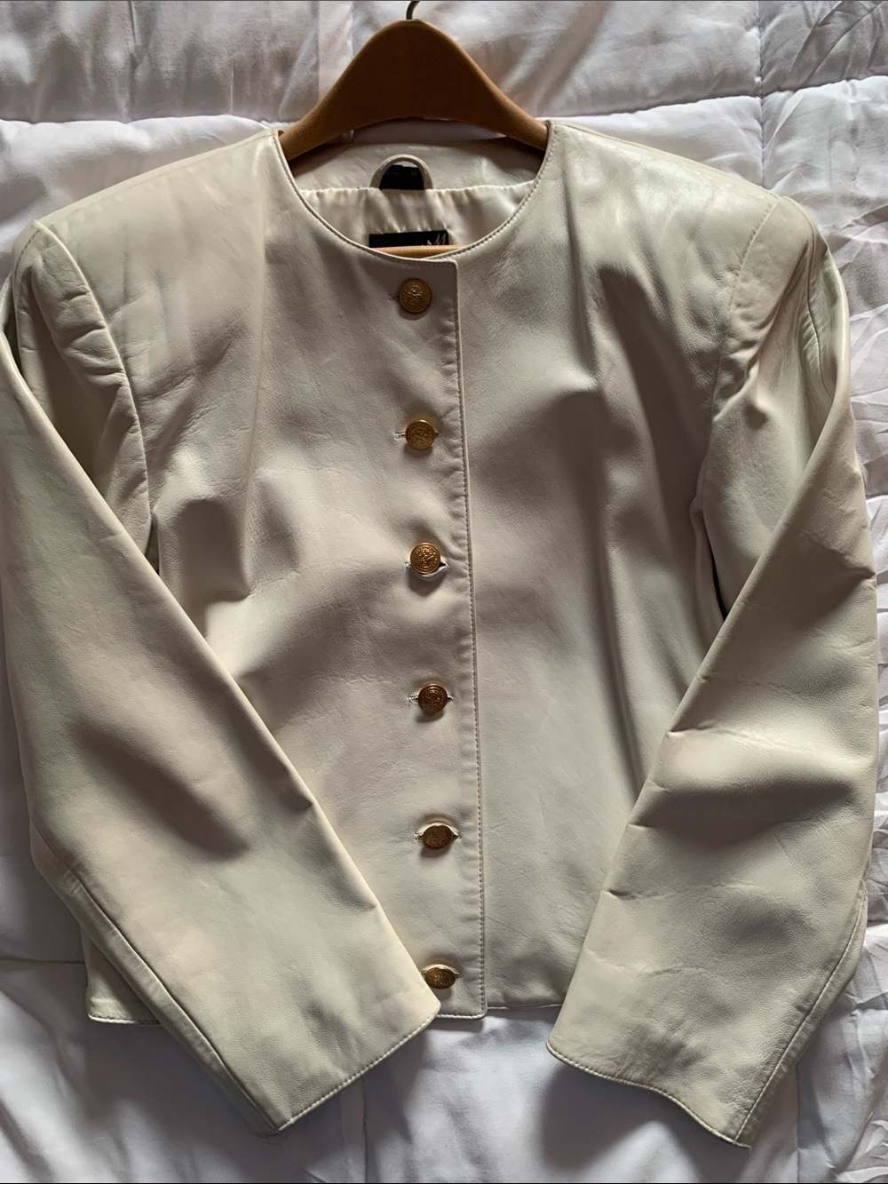 Tannery West Women’s M Cream Leather Button-Front Jacket Long Sleeve Vintage